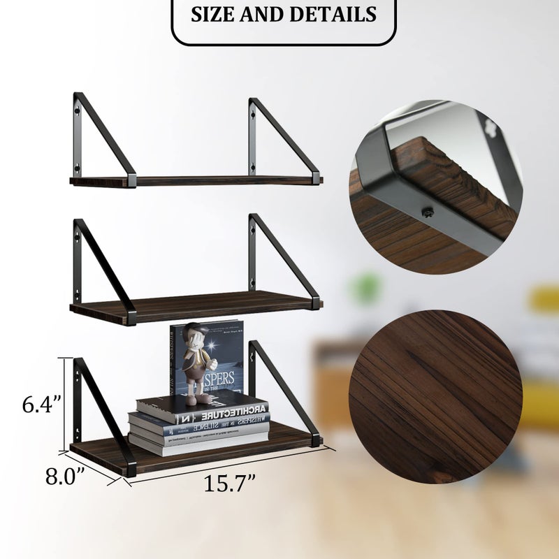 BAMEOS Floating Shelves Rustic Wood Wall Shelf, Small Bookshelf for Living Room, Office, Bedroom, with Metal Bracket - Image 5
